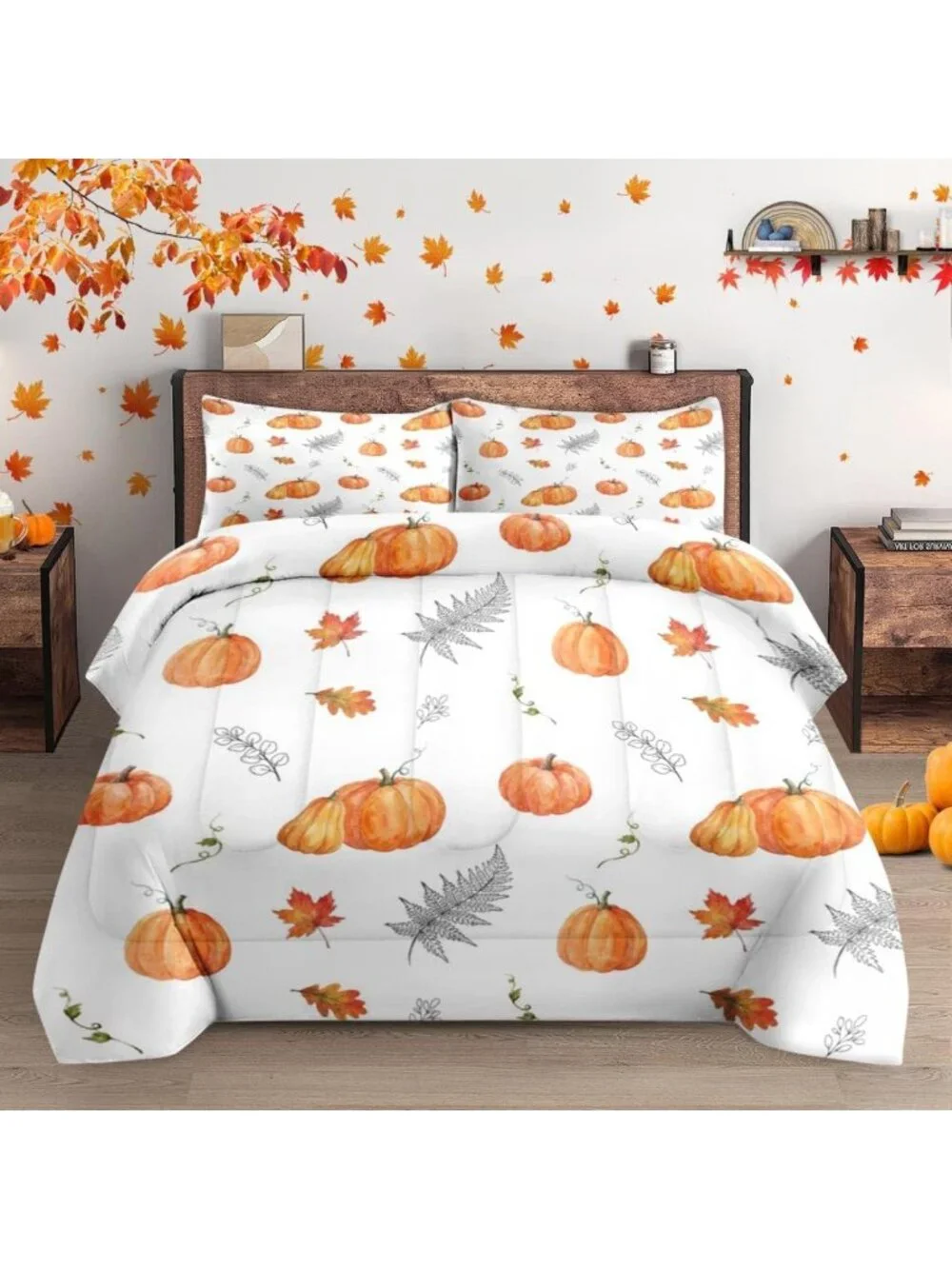 Cozy Queen Fall Comforter Set - 3 Piece Autumn Pumpkin Bedding for Seasonal